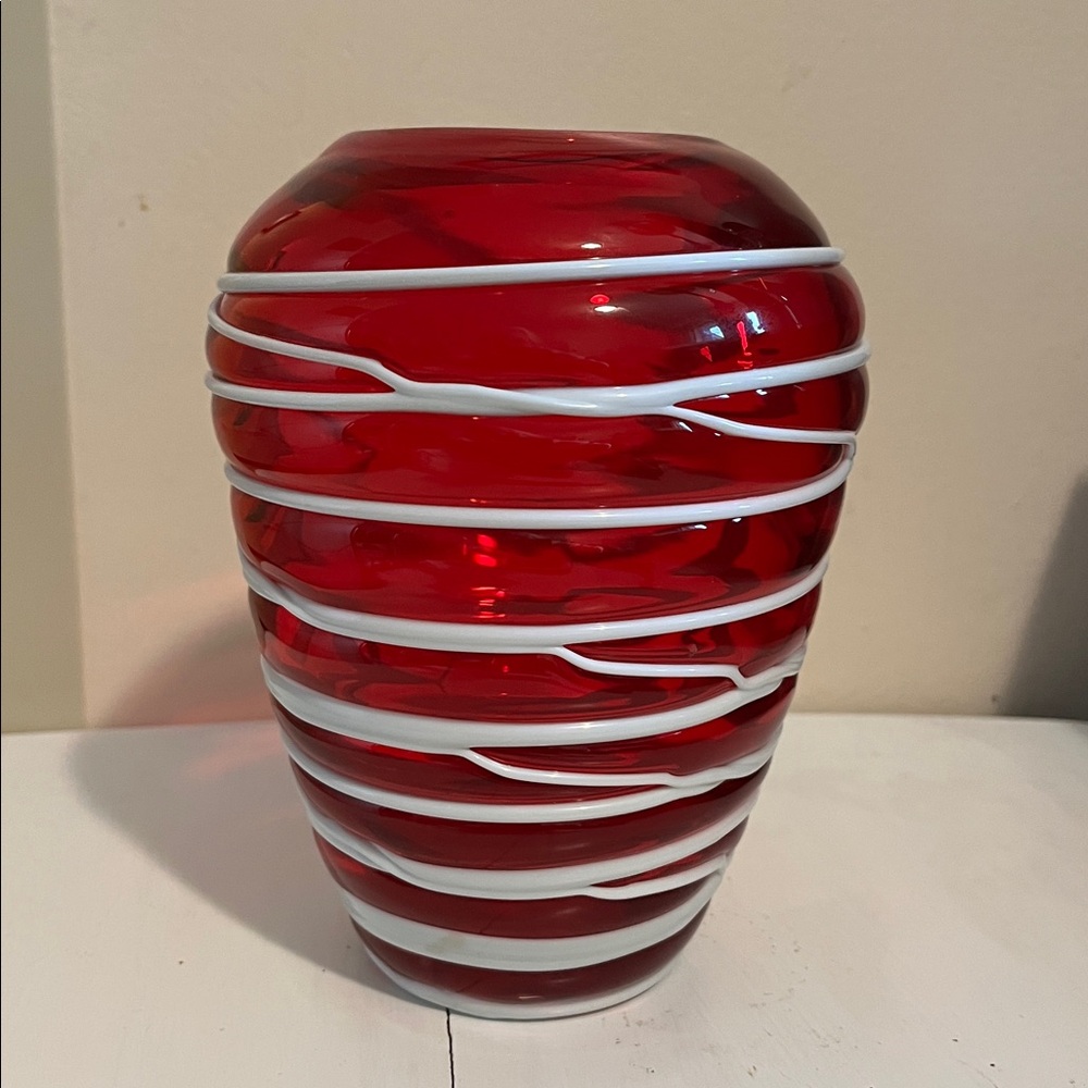 Vase THICK HEAVY Red Glass w White OVERLAY/INLAID Swirls - MOUTH BLOWN - Unusual